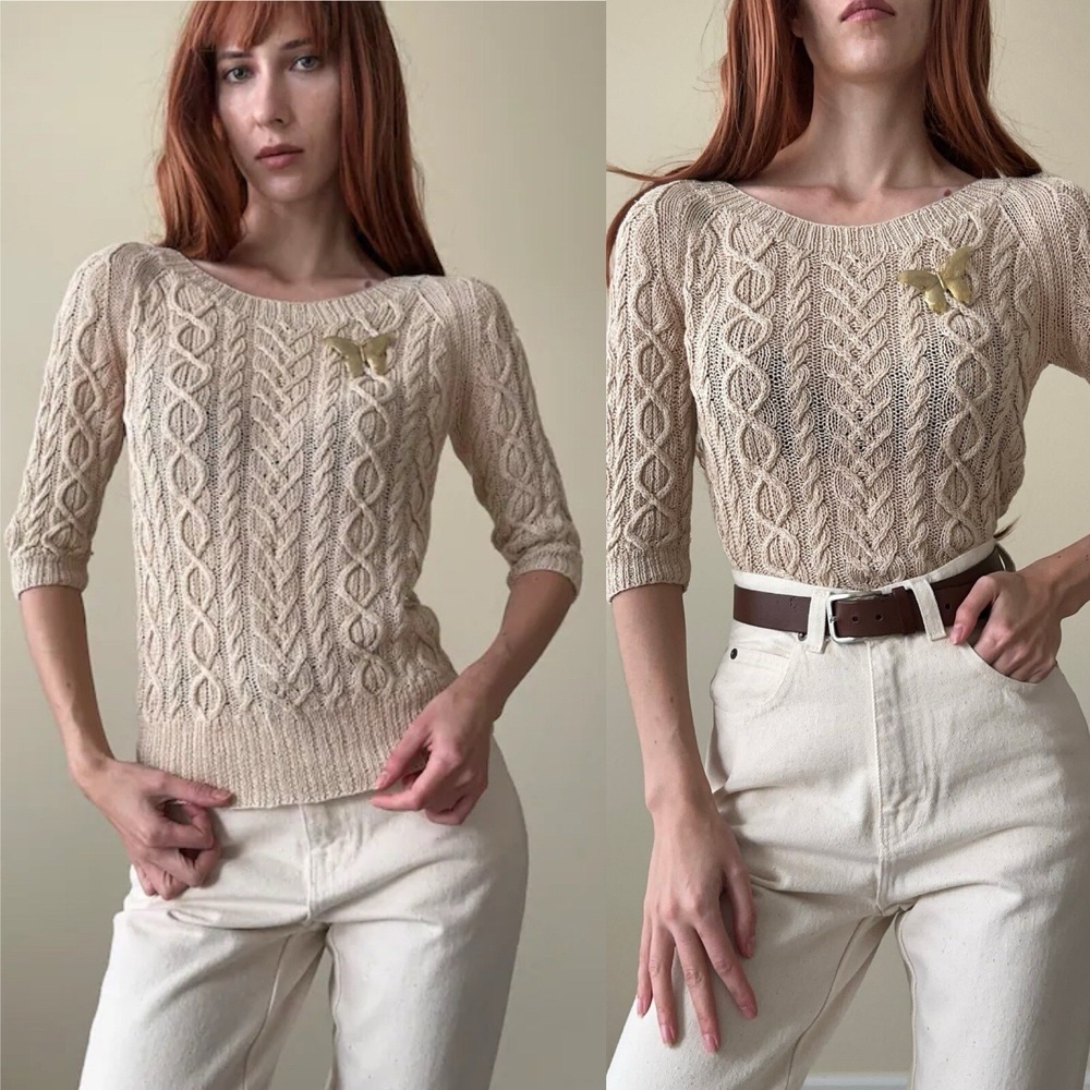 VTG Neiman Marcus Womens Beige Linen Cable Knit Sweater Coastal Preppy Career S